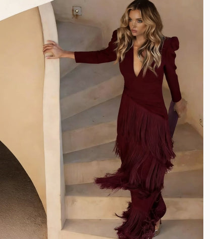 ABITO MIDI ELEGANTE CON MANICHE A FRANGE